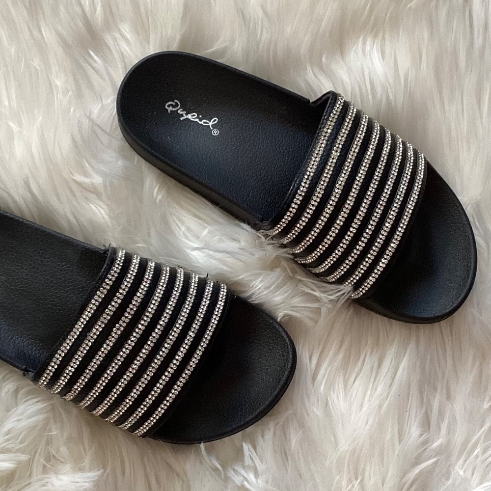 Qupid Black Rhinestone Slide Sandals | Comfy Sparkly Slip On Flat - Picture 6 of 7